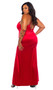 Stretch satin nightgown features venise lace trim, plunging neckline, fit and flare skirt with high slit opening, and criss cross adjustable shoulder straps.