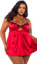 Stretch satin babydoll features venise lace trim, underwire balconette cups with keyhole, mini satin ribbon bow accents, gathered skirt, adjustable shoulder straps, and sheer mesh flyaway back with hook and eye closure. Matching G-string panty with cotton gusset also included. Two piece set.