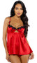 Stretch satin babydoll features venise lace trim, underwire balconette cups with keyhole, mini satin ribbon bow accents, gathered skirt, adjustable shoulder straps, and sheer mesh flyaway back with hook and eye closure. Matching G-string panty with cotton gusset also included. Two piece set.