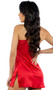 Stretch satin chemise features venise lace trim, plunging v neckline, mini satin ribbon bow, slit opening, and adjustable criss cross shoulder straps.