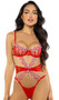Satin and mesh teddy features embroidered peppermint candy trim, underwire balconette cups, satin ribbon bow accents, steel boning, open midsection, adjustable shoulder straps, strappy thong back with cotton gusset, and hook and eye back closure.