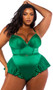 Satin romper features a sweetheart neckline, mini gold ring hardware accents, ruffled peplums, adjustable shoulder straps, thong back, and swan hook back closure.