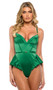 Satin romper features a sweetheart neckline, mini gold ring hardware accents, ruffled peplums, adjustable shoulder straps, thong back, and swan hook back closure.