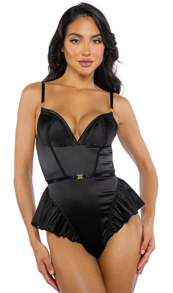 Satin romper features a sweetheart neckline, mini gold ring hardware accents, ruffled peplums, adjustable shoulder straps, thong back, and swan hook back closure.