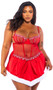 Satin and mesh babydoll features underwire balconette cups with embroidered peppermint candy trim, mini satin ribbon bow accent, handkerchief hem skirt with faux fur trim, adjustable shoulder straps, and cage style back with hook and eye closure.