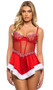 Satin and mesh babydoll features underwire balconette cups with embroidered peppermint candy trim, mini satin ribbon bow accent, handkerchief hem skirt with faux fur trim, adjustable shoulder straps, and cage style back with hook and eye closure.