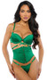 Stretch satin bra features underwire balconette cups, strappy accents with mini O ring hardware, adjustable shoulder straps and hook and eye back closure. Matching waspie features front busk opening, steel boning and hook and eye back closure. Matching thong panty with cotton gusset also included. Three piece set.