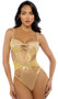 Gilded Beauty teddy features Lurex yarn knit and metallic shimmer mesh fabric, underwire demi cups, rhinestone bow accents and trim, steel boning, adjustable shoulder straps, strappy thong back, and hook and eye back closure.