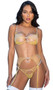 Gilded Beauty bra features lurex yarn knit and metallic shimmer mesh fabric, underwire demi cups, rhinestone bow accents and trim, adjustable shoulder straps and cage style back with hook and eye closure. Matching garter belt and thong panty also included. Three piece set.