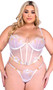 Stretch satin bustier features peony metallic embroidered lace, underwire demi cups with V wire detail, mini metal ring hardware, steel boning, adjustable shoulder straps and hook and eye back closure. Matching thong features a low rise front, strappy back, and cotton gusset. Two piece set.