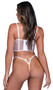 Stretch satin bustier features peony metallic embroidered lace, underwire demi cups with V wire detail, mini metal ring hardware, steel boning, adjustable shoulder straps and hook and eye back closure. Matching thong features a low rise front, strappy back, and cotton gusset. Two piece set.