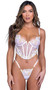 Stretch satin bustier features peony metallic embroidered lace, underwire demi cups with V wire detail, mini metal ring hardware, steel boning, adjustable shoulder straps and hook and eye back closure. Matching thong features a low rise front, strappy back, and cotton gusset. Two piece set.