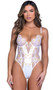 Stretch satin teddy features peony metallic embroidered lace, underwire demi cups with V wire detail, mini metal ring hardware, adjustable shoulder straps, cage style back with hook and eye closure, and thong back with cotton gusset.