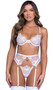 Stretch satin bra features peony metallic embroidered lace, underwire demi cups, mini metal ring hardware, organza ribbon bow detail, adjustable shoulder straps and hook and eye back closure. Matching garter belt features adjustable garter straps and back hook closure. Matching thong with cotton gusset also included. Three piece set.