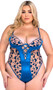 Stretch satin teddy features embroidered butterfly lace, underwire plunge cups with scalloped trim, satin ribbon bow accent, faux lace up front detail, adjustable shoulder straps, cage style back with hook and eye closure, and thong back and cotton gusset.