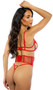 Embroidered lace and stretch satin bra features baroque heart design, scalloped elastic, underwire balconette cups with peek-a-boo cut outs, mini satin bow, adjustable shoulder straps and cage style back with hook and eye closure. Matching waist cincher features a front busk opening, steel boning and hook and eye back closure. Matching thong with cotton gusset also included. Three piece set.