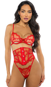 Embroidered lace and stretch satin bra features baroque heart design, scalloped elastic, underwire balconette cups with peek-a-boo cut outs, mini satin bow, adjustable shoulder straps and cage style back with hook and eye closure. Matching waist cincher features a front busk opening, steel boning and hook and eye back closure. Matching thong with cotton gusset also included. Three piece set.