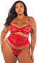 Embroidered lace and stretch satin bra features baroque heart design, scalloped elastic, underwire balconette cups with peek-a-boo cut outs, mini satin bow, adjustable shoulder straps and cage style back with hook and eye closure. Matching waist cincher features a front busk opening, steel boning and hook and eye back closure. Matching thong with cotton gusset also included. Three piece set.