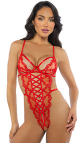 Embroidered lace and stretch satin teddy features baroque heart design, strappy underwire plunge cups with peek a boo detail, ribbon bow accent, criss cross front detail, adjustable shoulder straps, open crotch, cage style back with hook and eye closure and G-string back.
