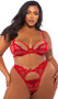 Embroidered lace and stretch satin bra features baroque heart design, scalloped elastic, underwire plunge cups with peek-a-boo cut outs and strappy details, mini satin bow, adjustable shoulder straps and cage style back with hook and eye closure. Matching high waisted thong with cotton gusset also included. Two piece set.