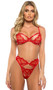 Embroidered lace and stretch satin bra features baroque heart design, scalloped elastic, underwire plunge cups with peek-a-boo cut outs and strappy details, mini satin bow, adjustable shoulder straps and cage style back with hook and eye closure. Matching high waisted thong with cotton gusset also included. Two piece set.