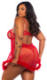 Embroidered lace and stretch satin babydoll features baroque heart design, marabou hem, underwire balconette cups with peek a boo cut outs, mini satin bow, adjustable shoulder straps and keyhole hook and eye back closure. Matching thong with cotton gusset also included. Two piece set.