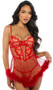 Embroidered lace and stretch satin babydoll features baroque heart design, marabou hem, underwire balconette cups with peek a boo cut outs, mini satin bow, adjustable shoulder straps and keyhole hook and eye back closure. Matching thong with cotton gusset also included. Two piece set.