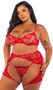 Embroidered lace and stretch satin bra features baroque heart design, scalloped elastic, underwire balconette cups with peek a boo cut outs, mini satin bow, adjustable shoulder straps and hook and eye back closure. Matching chaps have adjustable leg straps and back hook closure. Matching thong with cotton gusset also included. Three piece set.