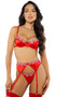 Satin bra features embroidered peppermint candy trim, underwire balconette cups, satin ribbon bow accent, adjustable shoulder straps and cage style back with hook and eye closure. Matching garter belt features adjustable garter straps and back hook closure. Matching thong with cotton gusset also included. Three piece set.