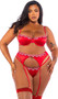 Satin bra features embroidered peppermint candy trim, underwire balconette cups, satin ribbon bow accent, adjustable shoulder straps and cage style back with hook and eye closure. Matching garter belt features adjustable garter straps and back hook closure. Matching thong with cotton gusset also included. Three piece set.