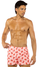 Satin boxer shorts feature lip print design, elastic waistband, and button fly closure.