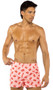 Satin boxer shorts feature lip print design, elastic waistband, and button fly closure.