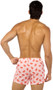 Satin boxer shorts feature lip print design, elastic waistband, and button fly closure.