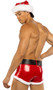 Stretch vinyl trunks feature faux fur trim, belt loops and contoured front pouch. Oversized belt with buckle also included. Two piece set.