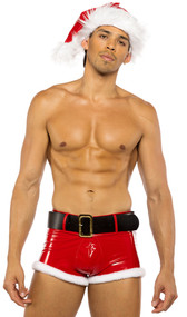 Stretch vinyl trunks feature faux fur trim, belt loops and contoured front pouch. Oversized belt with buckle also included. Two piece set.