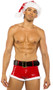 Stretch vinyl trunks feature faux fur trim, belt loops and contoured front pouch. Oversized belt with buckle also included. Two piece set.