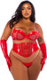 Faux patent leather and sheer mesh bra features underwire balconette cups, adjustable shoulder straps with vinyl and chain trim, and hook and eye back closure. Matching waist cincher features steel boning, metal front zipper, and hook and eye back closure. Matching thong with cotton gusset also included. Three piece set.