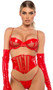 Faux patent leather and sheer mesh bra features underwire balconette cups, adjustable shoulder straps with vinyl and chain trim, and hook and eye back closure. Matching waist cincher features steel boning, metal front zipper, and hook and eye back closure. Matching thong with cotton gusset also included. Three piece set.