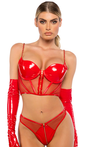 Faux patent leather and sheer mesh bustier features underwire balconette cups, front gold zipper, steel boning, adjustable shoulder straps with vinyl and chain trim, and hook and eye back closure. Matching thong with cotton gusset also included. Two piece set.