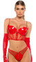 Faux patent leather and sheer mesh bustier features underwire balconette cups, front gold zipper, steel boning, adjustable shoulder straps with vinyl and chain trim, and hook and eye back closure. Matching thong with cotton gusset also included. Two piece set.