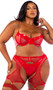 Faux patent leather and sheer mesh bra features underwire balconette cups, adjustable shoulder straps with vinyl and chain trim, and hook and eye back closure. Matching short chaps feature front gold zipper, metal garter clips for stockings, and hook and eye back closure. Matching thong with cotton gusset also included. Three piece set.