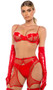 Faux patent leather and sheer mesh bra features underwire balconette cups, adjustable shoulder straps with vinyl and chain trim, and hook and eye back closure. Matching short chaps feature front gold zipper, metal garter clips for stockings, and hook and eye back closure. Matching thong with cotton gusset also included. Three piece set.