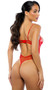 Faux patent leather teddy features underwire shelf cups, adjustable shoulder straps with vinyl and chain trim, front gold zipper detail, hook and eye back closure, and thong cut back with cotton gusset.