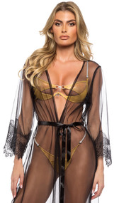 Sheer mesh maxi robe features scalloped eyelash lace trim, plunge neckline, and a satin waist sash with tie closure.