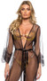 Sheer mesh maxi robe features scalloped eyelash lace trim, plunge neckline, and a satin waist sash with tie closure.