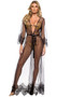 Sheer mesh maxi robe features scalloped eyelash lace trim, plunge neckline, and a satin waist sash with tie closure.