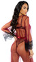 Sheer mesh maxi robe features scalloped eyelash lace trim, plunge neckline, and a satin waist sash with tie closure.