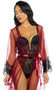 Sheer mesh maxi robe features scalloped eyelash lace trim, plunge neckline, and a satin waist sash with tie closure.