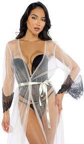 Sheer mesh maxi robe features scalloped eyelash lace trim, plunge neckline, and a satin waist sash with tie closure.