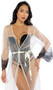 Sheer mesh maxi robe features scalloped eyelash lace trim, plunge neckline, and a satin waist sash with tie closure.